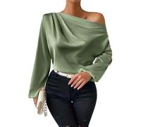 Damen Satin Schulterfrei Top - Elegant Asymmetrischer Ausschnitt Langarm Geraffte Bluse Elegant Casual Seidenhemd für Party Arbeit Büro Ausgehen Trendy Pullover Tunika, grün, XL