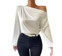Damen Satin Schulterfrei Top - Elegant Asymmetrischer Ausschnitt Langarm Geraffte Bluse Elegant Casual Seidenhemd für Party Arbeit Büro Ausgehen Trendy Pullover Tunika, weiß, L