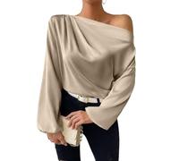 Damen Satin Schulterfreies Top - Elegantes Asymmetrischer Ausschnitt Langarm Gerafftes Bluse Schickes Casual Seidenhemd für Party Arbeit Büro Abends Ausgehen Trendiger Pullover Tunika, aprikose, M