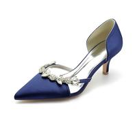 Damen Satin Strass Geschlossene Braut Hochzeit Schuhe mit Absatz Hochzeit Pumps Brautschuhe Sandalen,Dark Blue,36 EU