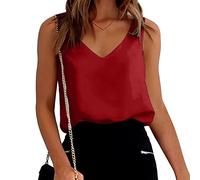 Damen Satin Tank Top Strap Basic Cami Sommer Weste Shirt Lässiges V-Ausschnitt Cami Ärmellose Chiffon Blusentop Casual Tank Bluse Shirt