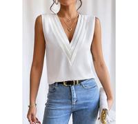 Damen-Schichten-V-Ausschnitt ärmelloses Blusentop Sommer Tanktop, Einfarbig Weiß, XXL