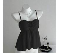 Damen schick schwarzes Sommer-Cami-Top, süßes Bindeband-Plissee-Peplum-Top, einfarbiges Stoff-Camisole-Top, Date-Night-Sommertop für die Universität