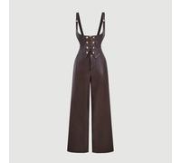 Damen schicker brauner Kunstleder-Jumpsuit mit goldenen Knopfdetails, weites Bein, einteiliges Outfit, Träger-Jumpsuit für Damen, Jumpsuits für Damen
