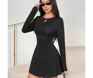 Damen schickes Basic schwarzes Herbst Langarm Hochhals Mini-Kleid, figurbetontes Rüschen Saum Regenschirm Kleid, elegantes Date Büro Outfit, Kaffee Mi