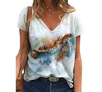 Damen Schildkröten Print Lustige T-Shirts Lässige Print Lose V-Ausschnitt Kurzarm T-Shirts