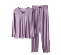 Damen Schlafanzug Damen Pyjama-Sets -Pyjama-Set Langarm-Oberteil mit integriertem BH und Langen Hosen Nachtwäsche 2-Set Schlafanzug Set Damen Seidennachthemd Damen (Purple, XXL)