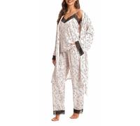 Damen Schlafanzug Lang 3 Teiliges Set Women Pyjama Hausanzug Schiesser Schlafanzüge für Weihnachten Geschenk Nachtwäsche Morgenmantel Nachthemd Beige L