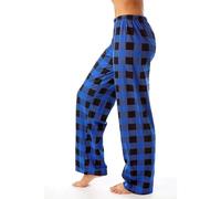 Damen Schlafanzug Lang Flanellhose Karierter Freizeithose Lang Schlafanzüge Relaxhose Kuschel-Hose Flauschige Hosen Pijama Schlafanzughosen Weihnachtshose Pyjama Damen Baumwolle Blau M