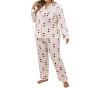 Damen Schlafanzug Lang Women's Heart Shaped Printed Long Sleeved Long Pants Sleepwear Plus Size Plus Two Piece Set Women Pj Set Pyjama Damen Baumwolle Kariert (Watermelon Red, XXL)