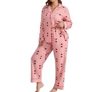 Damen Schlafanzug Lang Women's Heart Shaped Printed Long Sleeved Long Pants Sleepwear Plus Size Plus Two Piece Set Women Pj Set Pyjama Damen Baumwolle Kariert (Pink, XXL)