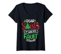 Damen Schlafanzug mit Aufschrift Dear Santa It was His Fault, lustig, für Paare T-Shirt mit V-Ausschnitt