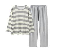 Damen Schlafanzug Nachtwäsche Pyjamas Set Bequemer Streifen-Farbverlauf für Damen, Reiner Farbimitat, Baumwolle, Pyjama, lässig, locker, langärmelig, Hosenanzug (Grey, L)