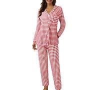Damen Schlafanzug Pyjama Damen Set-Zweiteiliger Damen Pyjama Mit Knopfleiste-Pyjama Set Damen Lang Pyjama Mit Reversanzug Einfarbig Langarm Cardigan Damen Pyjama Zweiteiliges Pyjama-Set Für Damen