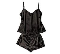 Damen Schlafanzug Pyjama Set 2-teilig Shorts & Crop Top Nachthemd Dessous Sommer Kurz Hose Seide Camisole Nachtwäsche Negligee Trägern Chemise Robe Sexy Satin Einfarbig Straps Schlafanzüge Wäsche