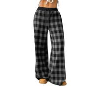 Damen Schlafanzughose Lang Pyjamahose,Karierte Weiche Schlafhose Yoga Hose Freizeithose Lockere Loungewear Casualhose Y2k Lounge Pants Sommerhose Freizeithose Nachtwäsche mit Tunnelzug und Taschen