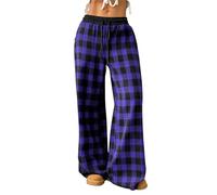 Damen Schlafanzughose Lang Pyjamahose,Karierte Weiche Schlafhose Yoga Hose Freizeithose Lockere Loungewear Casualhose Y2k Lounge Pants Sommerhose Freizeithose Nachtwäsche mit Tunnelzug und Taschen