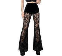 Damen Schlaghose Jeans Gothic Punk Lace Splice Lange Schlaghose Vintage Floral Scratched Pants Velvet High Waist Skinny Trousers Paillettenhose Schwarz M