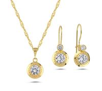 Damen Schmuckset 925 Sterling Silber Gold beschichtet - Kordelkette & Ohrhänger mit Zirkonia Solitär Steinen