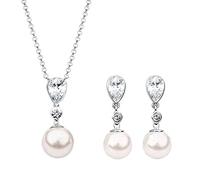 Damen Schmuckset mit Perle, Halskette mit Anhänger und Ohrhänger aus Glas Perlen und Zirkonia Tropfen, Damen Kette und Ohrring Set für Frauen, 925 Sterling Silber