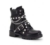 Damen Schnür-Stiefeletten mit dicker Sohle, Gothic-Stil dicke Sohle Stiefel, Metall-Dekor-Kette Reißverschluss Punk-Stil Motorradstiefel, Schwarz