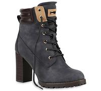 Damen Schnürstiefeletten Winterstiefel Worker Boots Schnürer Winterboots Stiefeletten High Heels Schuhe 122713 Grau 36 Flandell