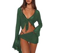 Damen-Schnürung mit Langen Ärmeln, umwickelter Brust, lässig, halber Rock, Badeanzug, Smock Damen Netzkleid (S,Grün)