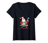 Damen Schönes Weihnachtsmusik-Kostüm mit Weihnachtsmann E-Gitarren-Look T-Shirt mit V-Ausschnitt