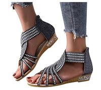 Damen Schuhe Sandalen Keilabsatz Strass Boho Schnalle Sandalen Sommer Mode Kristall Hollow Reißverschluss Freizeit Sommerschuhe Strandsandalen Schuhe Offene Flip Flops Flache Slippers Anti Skid