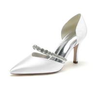 Damen Schuhe Stiletto Absatz Hochzeitsschuhe Pointed Toe Satin Slip-On Brautpumps Prom Party Kleid Schuhe 8.5Cm,Weiß,37 EU
