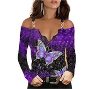 Damen Schulterfrei Baggy Top Lässig Lose V-Ausschnitt T-Shirt Sommerbluse Kalte Schulter Lässiges Sommer Top V-Ausschnitt Schulterfrei Hemdbluse mit Blumenmuster Off-The-Shoulder T-Shirt Metallträger