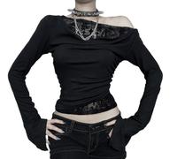 Damen Schulterfrei Gothic Crop Top Mesh Patchwork Langarm Blusen Schwarz Gothic T Shirts Slim U-Boot-Ausschnitt Y2k Outfits, Schwarz, Klein