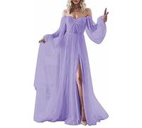 Damen Schulterfrei Puffy Tüll Lang Ball Formal Abend Party Kleider Langarm Bodenlang Seitenschlitz Süße Prinzessin Kleider, lavendel, 44