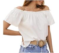 Damen Schulterfrei Rüschen Bluse Sexy Trägerlos Kurzarm T-Shirt Leicht Sommer Oberteile Elegant Einfarbig T Shirt Tops Falten Blusenshirt Off Shoulder Damenblusen