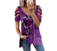 Damen Schulterfreie Blusenoberteile kurzärmelige T-Shirts mit Lockerem Reißverschluss und V-Ausschnitt lässige Rosendruck Tunika ausgehöhlte Schulter Hemd Bluse Ausverkauf Schulterfreies Oberteil