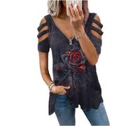Damen Schulterfreie Blusenoberteile kurzärmelige T-Shirts mit Lockerem Reißverschluss und V-Ausschnitt lässige Rosendruck Tunika ausgehöhlte Schulter Hemd Bluse Ausverkauf Schulterfreies Oberteil