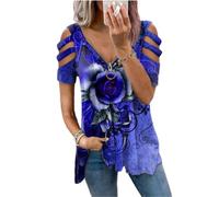 Damen Schulterfreie Blusenoberteile kurzärmelige T-Shirts mit Lockerem Reißverschluss und V-Ausschnitt lässige Rosendruck Tunika ausgehöhlte Schulter Hemd Bluse Ausverkauf Schulterfreies Oberteil