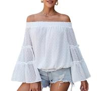 Damen Schulterfreie Oberteile mit Glockenärmeln und Schweizer Punkten ausgestellte lässige lockere Bluse einfarbig Schulterfreies langärmliges Hemd Rüschen Chiffon T-Shirt Hemd (A-weißer/XL)