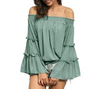 Damen Schulterfreie Oberteile mit Glockenärmeln und Schweizer Punkten ausgestellte lässige lockere Bluse einfarbig Schulterfreies langärmliges Hemd Rüschen Chiffon T-Shirt Hemd (D-Grün/XL)