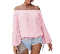 Damen Schulterfreie Oberteile mit Glockenärmeln und Schweizer Punkten ausgestellte lässige lockere Bluse einfarbig Schulterfreies langärmliges Hemd Rüschen Chiffon T-Shirt Hemd (B-Rosa/L)