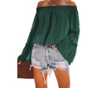 Damen Schulterfreie Oberteile mit Glockenärmeln und Schweizer Punkten ausgestellte lässige lockere Bluse einfarbig Schulterfreies langärmliges Hemd Rüschen Chiffon T-Shirt Hemd (H-Grün 1/XL)