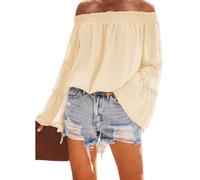 Damen Schulterfreie Oberteile mit Glockenärmeln und Schweizer Punkten ausgestellte lässige lockere Bluse einfarbig Schulterfreies langärmliges Hemd Rüschen Chiffon T-Shirt Hemd (G-Aprikose/M)