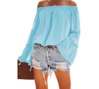 Damen Schulterfreie Oberteile mit Glockenärmeln und Schweizer Punkten ausgestellte lässige lockere Bluse einfarbig Schulterfreies langärmliges Hemd Rüschen Chiffon T-Shirt Hemd (I-Blau 1/S)