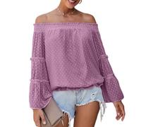 Damen Schulterfreie Oberteile mit Glockenärmeln und Schweizer Punkten ausgestellte lässige lockere Bluse einfarbig Schulterfreies langärmliges Hemd Rüschen Chiffon T-Shirt Hemd (C-Rot/M)