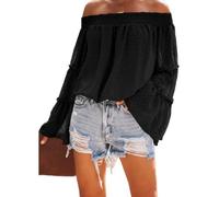 Damen Schulterfreie Oberteile mit Glockenärmeln und Schweizer Punkten ausgestellte lässige lockere Bluse einfarbig Schulterfreies langärmliges Hemd Rüschen Chiffon T-Shirt Hemd (E-Schwarz/XL)