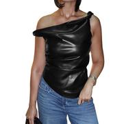 Damen Schulterfreies Lederröhrchen gerüschtes Cami Shirt Korsett Wrap Camisole Ärmellos Asymmetrisch Bluse Weste Tank Crop Tops, Schwarz, Mittel