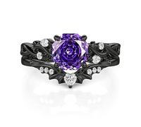 Damen Schwarz Dornen Ring Set Lila Rosenschliff Vorsteckring mit Herz Rund Marquise Stein Stapelring Gotisch Modern Doppelring Sterling Silber Bandring für Schmuck Geschenk (Schwarz, 64(20.6))