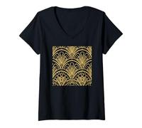 Damen Schwarz-goldfarbenes Muster, Art-Deco T-Shirt mit V-Ausschnitt