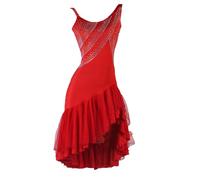 Damen Schwarz Latein Tanzkleider Neckholder Latein Turnierkleid Ballsaal Rückenfrei Salsa Samba Fransen Schlitz Rock Walzer Foxtrott Tanzkleid Latein Trainingskleid,Rot,XXL