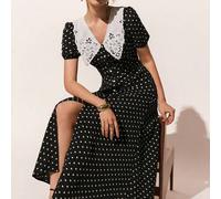 Damen Schwarz Weiß Polka Dot Vintage 1940er Kurzarm Kleid Einreihig Schlitz Taille Raffung Blumen Spitze Elegant Hochzeitsgast Sommer
